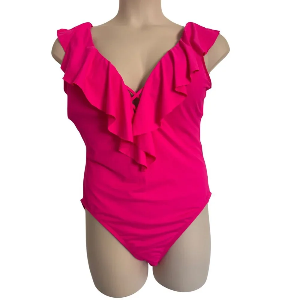 La Blanca Island Goddess Plunge Size 16 Ruffle One Piece Swimsuit Pop Pink NWT $